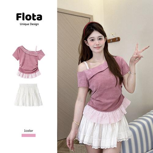 【flota】粉色扎染不规则露肩短袖T恤夏季格子荷叶边斜肩上衣2327