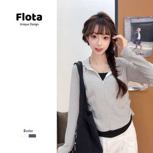 【flota】2025秋季新款正肩内搭修身女条纹翻领假两件打底衫2731