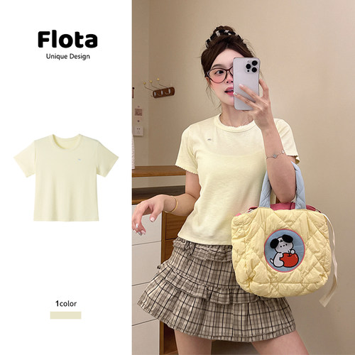 【flota】纯色花边拼接领口短袖夏季宽松休闲百搭短款t恤上衣1274