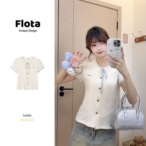 【flota】法式温柔风系带蝴蝶结针织短袖夏季爱心纽扣短上衣2241