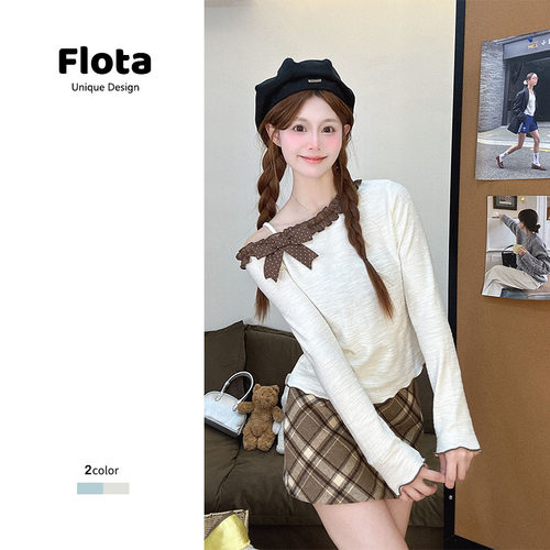 【flota】波点蝴蝶结木耳边斜肩长袖T恤女气质风内搭短上衣2996