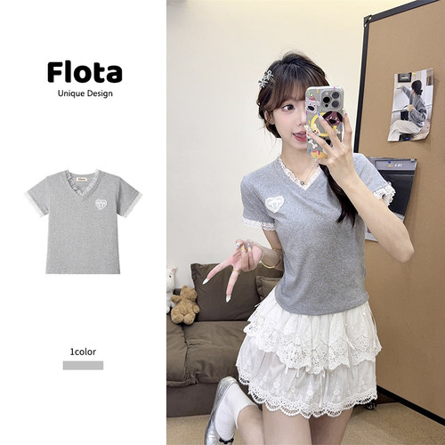 【flota】纯欲风蕾丝花边拼接V领短袖T恤夏季甜妹显瘦短上衣0999