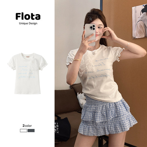 【flota】字母印花蕾丝绑带泡泡袖t恤夏季甜美修身短袖上衣女1437