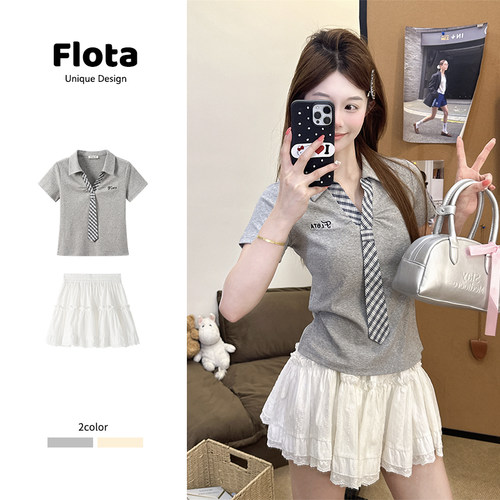 【flota】设计感格纹领带拼接Polo领短袖T恤夏季新款通勤上衣2224