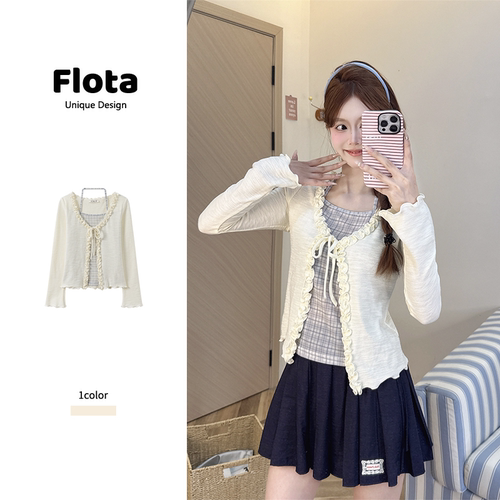 【flota】纯欲风假两件格纹挂脖木耳边长袖修身显瘦内搭上衣2763