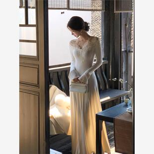 气质氛围感蕾丝v领针织收腰连衣裙女修身 显瘦打底内搭a摆毛衣长裙