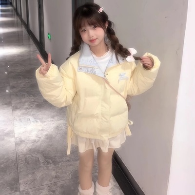 甜美蝴蝶结奶黄色羽绒棉服女2025冬季新款加厚小个子短款棉衣外套