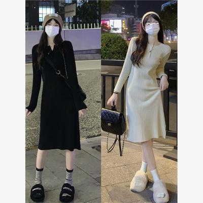 配大衣的毛衣裙女秋冬中长款过膝针织连衣裙修身内搭长袖打底裙子