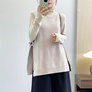 惠衣阁早春女无袖针织马甲侧开叉针织背心韩版宽松中长款针织马夹