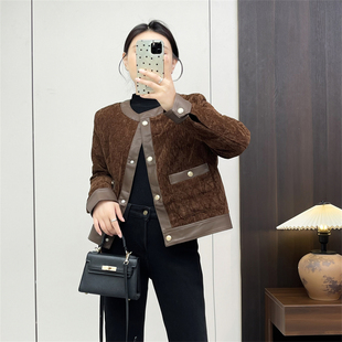 惠衣阁秋冬女长袖短款外套PU拼接外套韩版宽松纯色夹棉夹克外套