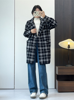 惠衣阁秋冬女仿水diao毛外套中长款外套宽松休闲通勤格子毛毛大衣