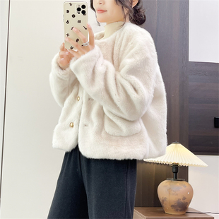 上衣 休闲甜美仿皮草外套短款 惠衣阁秋冬女圆领短款 毛毛外套韩版