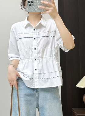 惠衣阁夏季女棉质短袖衬衫收腰显瘦衬衣韩版甜美休闲刺上衣减龄
