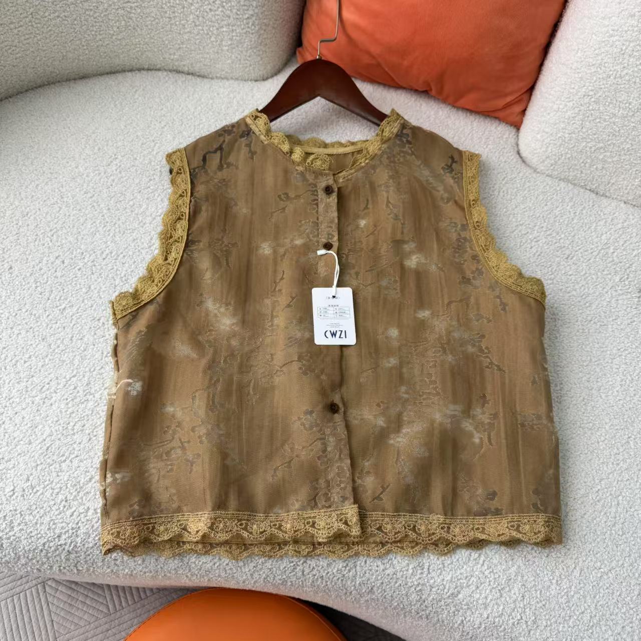 惠衣阁夏季女无袖衬衫欧根纱马夹韩版甜美蕾丝花边背心上衣