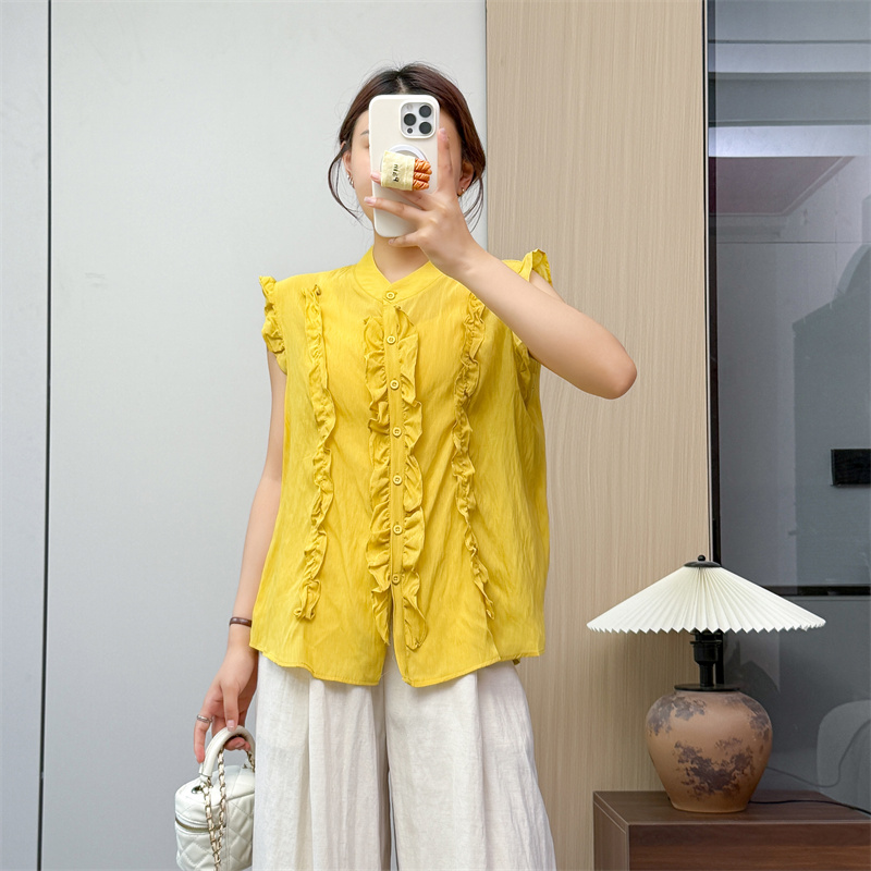 惠衣阁夏季女亚麻无袖衬衫立领上衣韩版休闲通勤衬衣木耳边衬衫