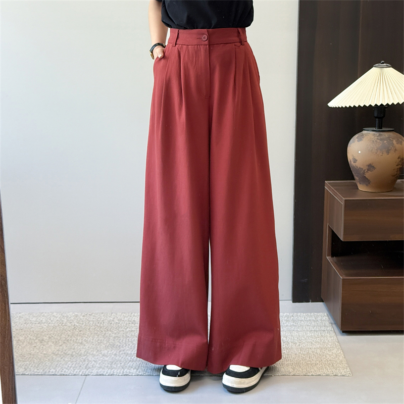 惠衣阁夏女棉质半松紧腰高腰直筒裤安哥拉红裤子宽松休闲裤阔腿裤