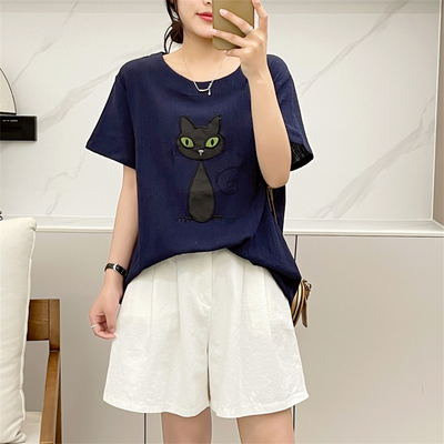 惠衣阁夏女棉麻短袖衬衫中长款衬衫韩版宽松休闲小猫刺绣衬衣大码