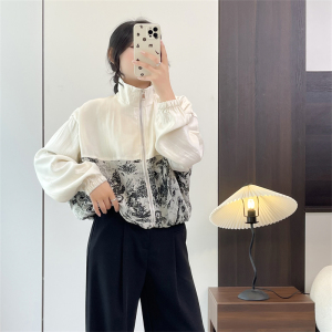 惠衣阁秋季女长袖外套水墨画外套韩版宽松休闲拼接夹克外套上衣