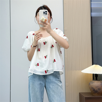 惠衣阁夏季女短袖衬衫刺绣衬衣韩版宽松甜美短款衬衫系绳上衣