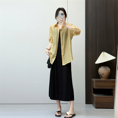 惠衣阁夏季女两件套装长袖衬衫后背开叉防晒衣吊带裙长裙连衣裙