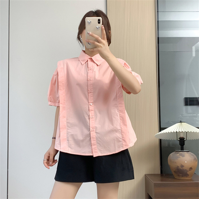 惠衣阁夏季女棉质短袖衬衫韩版宽松休闲通勤衬衣a字衬衫纯色上衣