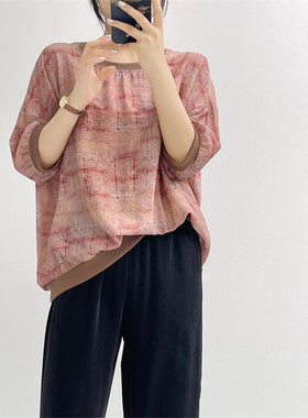 惠衣阁夏女短袖衬衫套头圆领上衣韩版宽松休闲印花衬衣中年妈妈装