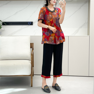 夏女两件套装短袖衬衫九分裤