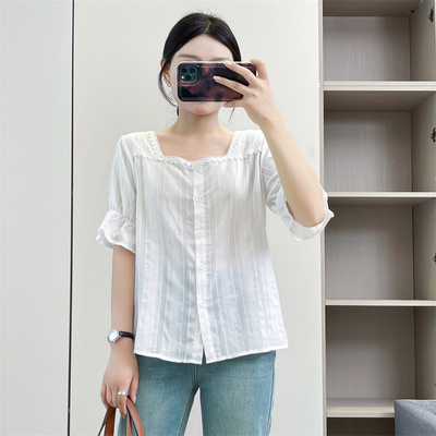 惠衣阁夏季女棉质短袖衬衫白色衬衫韩版休闲甜美百搭学生衬衫上衣