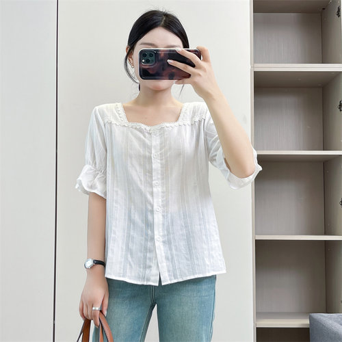 惠衣阁夏季女棉质短袖衬衫白色衬衫韩版休闲甜美百搭学生衬衫上衣