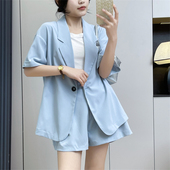 惠衣阁夏女两件套装 休闲通勤职业套装 上衣韩版 阔腿裤 短袖 短裤 西装