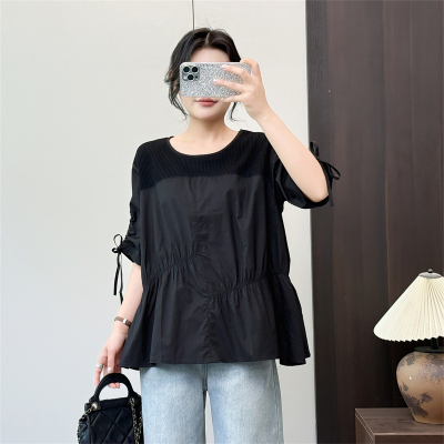惠衣阁夏季女棉质短袖衬衫a字衬衫韩版宽松休闲甜美抽绳衬衣上衣