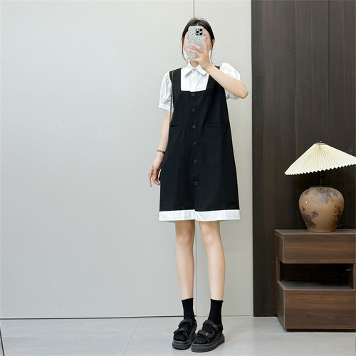 惠衣阁夏短袖连衣裙假两件套中长裙韩版通勤职业衬衫裙气质小黑裙