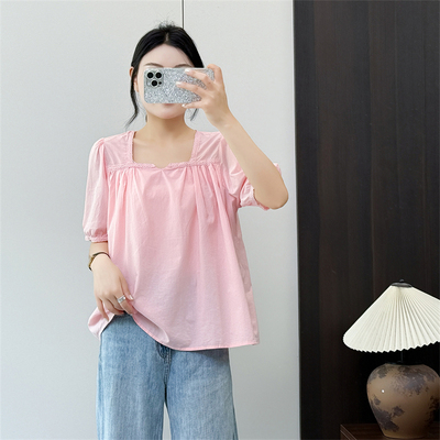 惠衣阁春夏女棉质短袖衬衫方领衬衫韩版休闲甜美娃娃衫短款衬衣