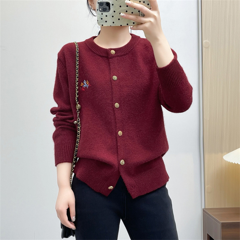 惠衣阁秋冬女长袖圆领针织衫刺绣毛衣宽松优雅知性针织开衫外套