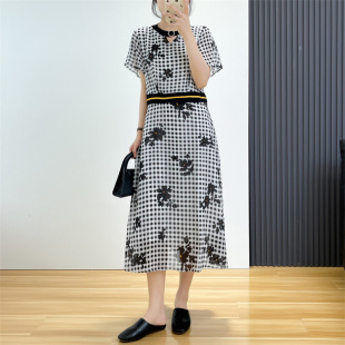 复古高腰格子雪纺连衣裙妈妈裙 连衣裙雪纺裙韩版 惠衣阁夏季 女短袖