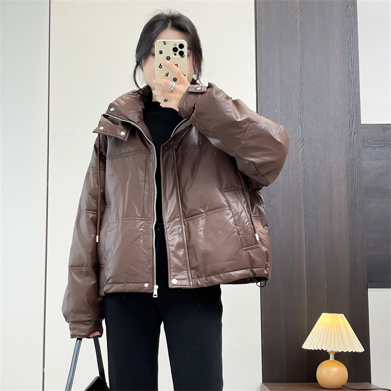 惠衣阁秋冬女连帽羽绒服PU皮外套韩版宽松休闲加厚保暖皮羽绒外套