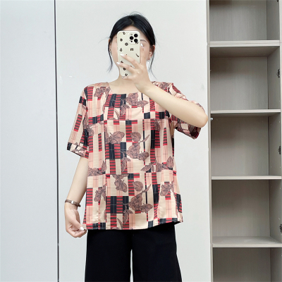 惠衣阁夏季女短袖衬衫仿真丝衬衣韩版宽松休闲印花轻熟上衣妈妈装