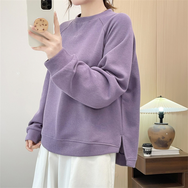 惠衣阁春季女棉质长袖圆领卫衣侧开叉外套韩版宽松休闲纯色薄卫衣