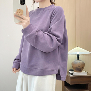 宽松休闲纯色薄卫衣 圆领卫衣侧开叉外套韩版 惠衣阁春季 女棉质长袖
