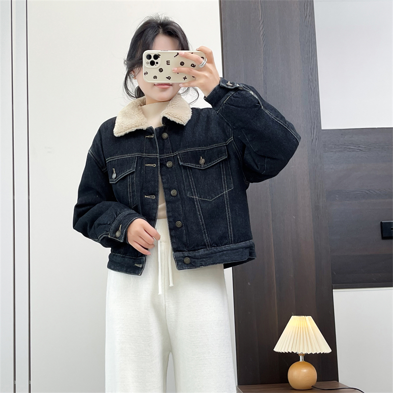 惠衣阁秋冬女短款牛仔外套加绒牛仔外套韩版休闲短款加绒牛仔棉服