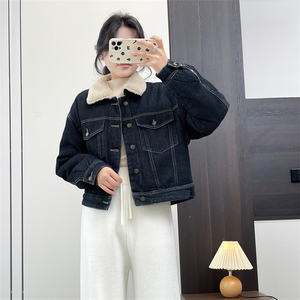 惠衣阁秋冬女短款牛仔外套加绒牛仔外套韩版休闲短款加绒牛仔棉服