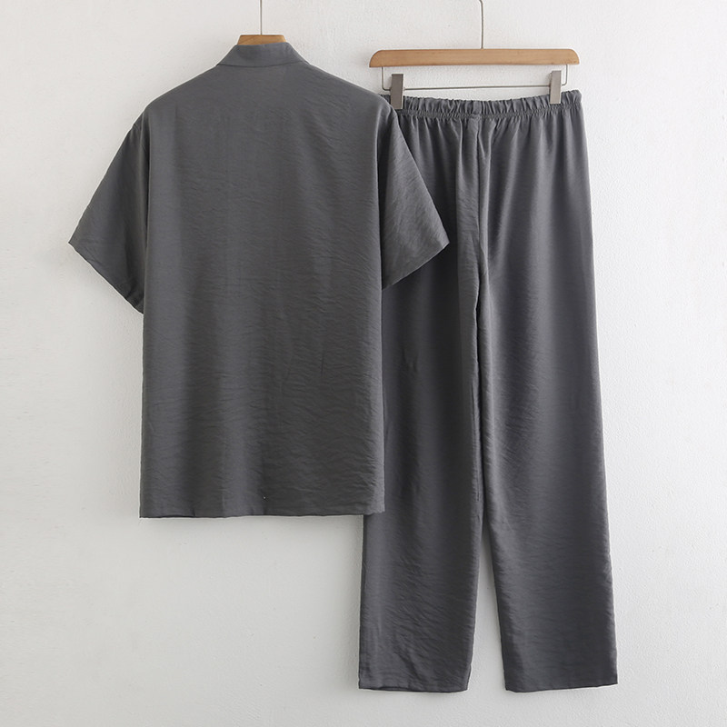 HUI YI GE XIA MENS TWO-PIECE SUIT SHORT SLEEVE EMBROIDERED BUCKLE SHIRT NATIONAL STYLE TANG SUIT ELASTIC WAIST TROUSERS DAD SUIT