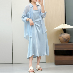 惠衣阁夏季女长袖薄款防晒衬衫纯色中长款衬衫吊带连衣裙法式长裙