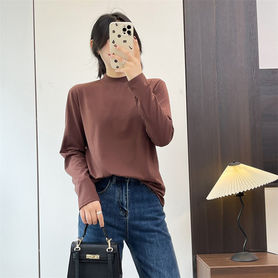 惠衣阁春女棉质长袖t恤衫小高领打底衫韩版休闲百搭弹力打底上衣