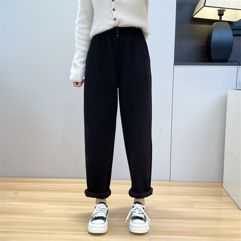 惠衣阁冬季女松紧腰高腰毛呢九分裤加绒垮裤韩版宽松加绒烟管裤