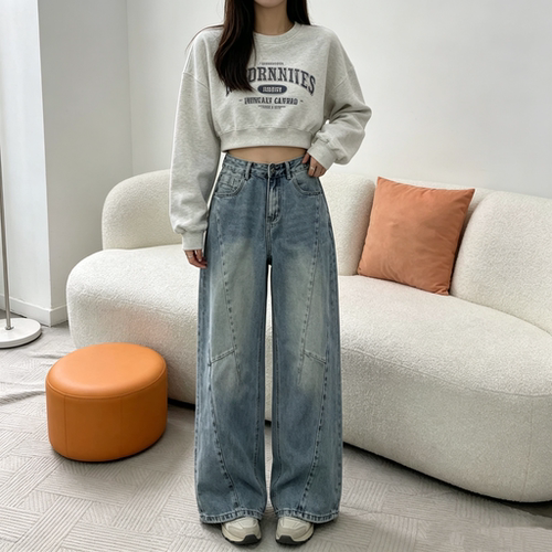 惠衣阁春夏女高腰牛仔长裤牛仔直筒裤宽松休闲裤水洗牛仔弯刀裤