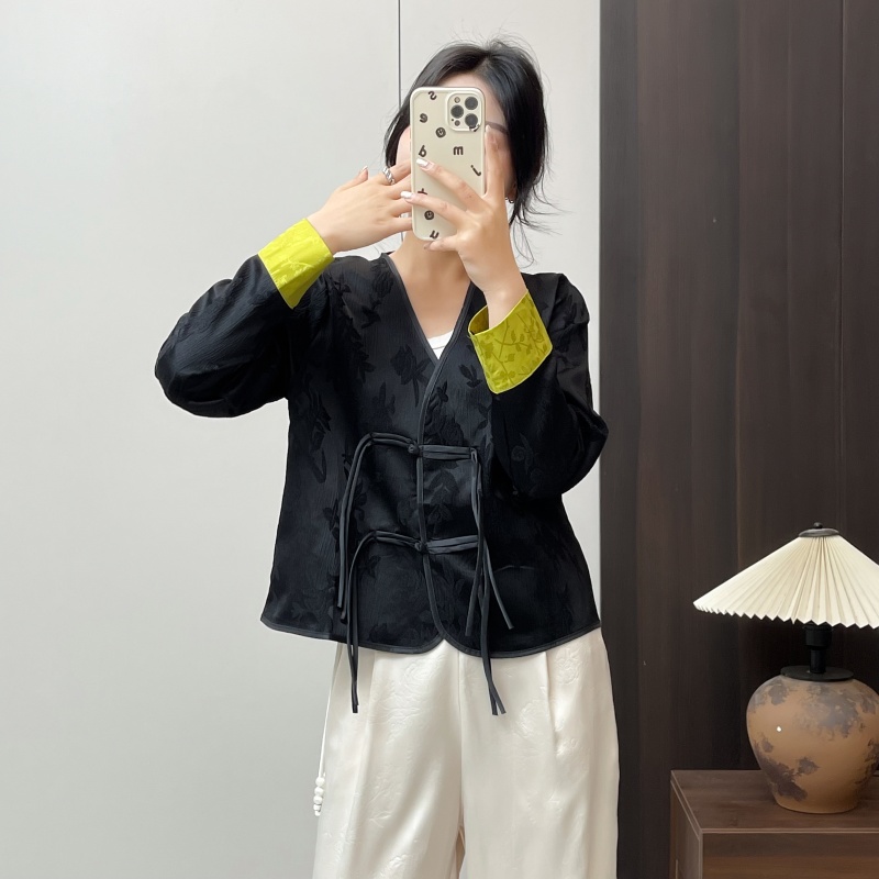惠衣阁春季女长袖衬衫V领盘扣衬衫国风衬衫新中式短款外套