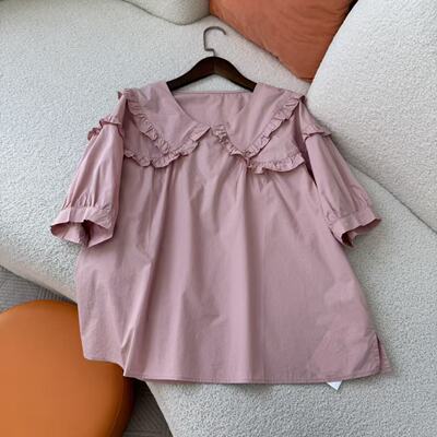 惠衣阁夏季女棉质短袖衬衫套头上衣韩版宽松休闲甜美木耳边衬衣
