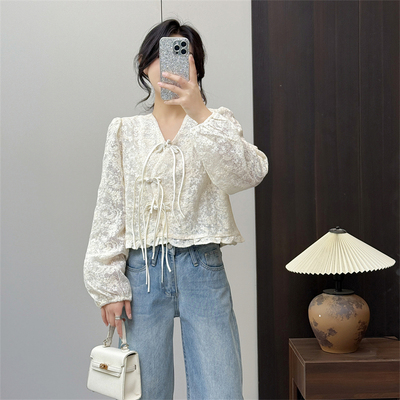 惠衣阁春夏女长袖短款衬衫蕾丝衬衫甜美蕾丝钩花衬衣国风盘扣上衣
