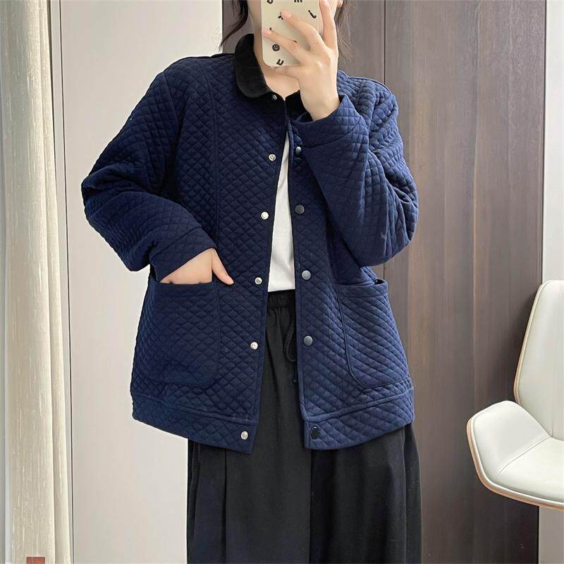 惠衣阁春女棉质长袖外套格子压花外套韩版休闲娃娃领夹克运动衫